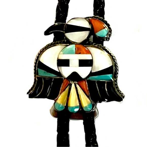 Zuni, Vintage Old Pawn 1950s Turquoise Coral MoP Jet Thunderbird Bolo Tie - Picture 2 of 7